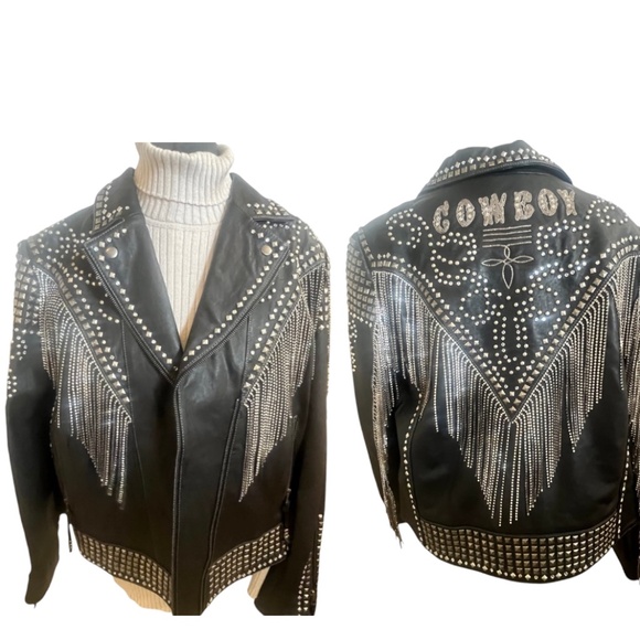 Double D Ranch Jackets & Blazers - Double D Ranch Leather Jacket Rhinestone Cowboy  2XL Black NWOT Stunning Fringe